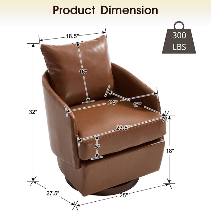 CIMOTA PU Leather Swivel Accent Chair, Modern Barrel Armchair with 360° Swivel Base and Pillow, Upholstered Club Chair for Living Room/Reading/Office, Brown
