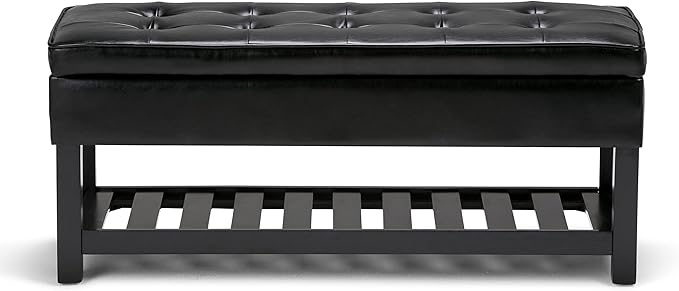 SIMPLIHOME Cosmopolitan 44 inch Wide Transitional Rectangle Storage Ottoman Bench with Open Bottom in Midnight Black Vegan Faux Leather, Assembled for the Living Room and Bedroom