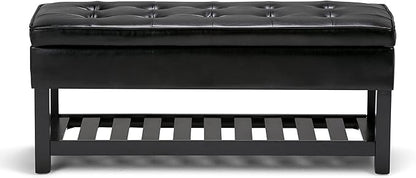 SIMPLIHOME Cosmopolitan 44 inch Wide Transitional Rectangle Storage Ottoman Bench with Open Bottom in Midnight Black Vegan Faux Leather, Assembled for the Living Room and Bedroom