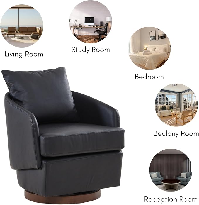 CIMOTA PU Leather Swivel Accent Chairs Set of 2, Modern Barrel Armchairs with 360° Swivel Base and Pillow, Upholstered Club Chairs for Living Room/Reading/Office, Black