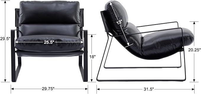 Mid-Century Accent Chair Set of 2, Comfy PU Leather Side Chair with Armrest, Upholstered Leisure Chair with Black Metal Frame for Living Room Bedroom Reception Room, Black