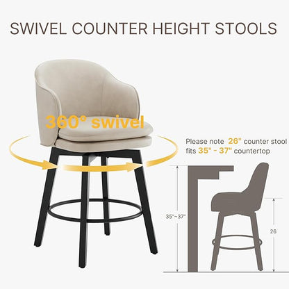Counter Height Barstools 26 inch Upholstered Swivel Bar Stools with Back and Wood Legs for Kitchen Island,Set of 4,Beige PU Leather