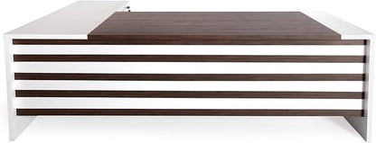 Leon 87" Wood Executive Large Desk for Home Office | Executive Right Side L Shaped Corner Desk & File Drawers w/Telescopic Rail | Modern Business Furniture | White & Brown