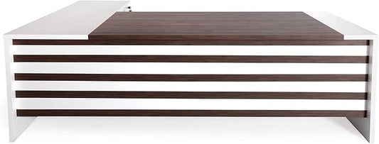 Leon 87" Wood Executive Large Desk for Home Office | Executive Right Side L Shaped Corner Desk & File Drawers w/Telescopic Rail | Modern Business Furniture | White & Brown