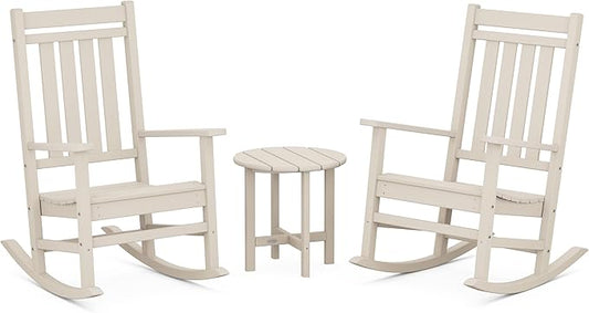 POLYWOOD Estate 3-Piece Rocking Chair Set, Outdoor Patio Porch Rockers with Side Table, All-Weather HDPE Furniture, Fade-Free, Sand