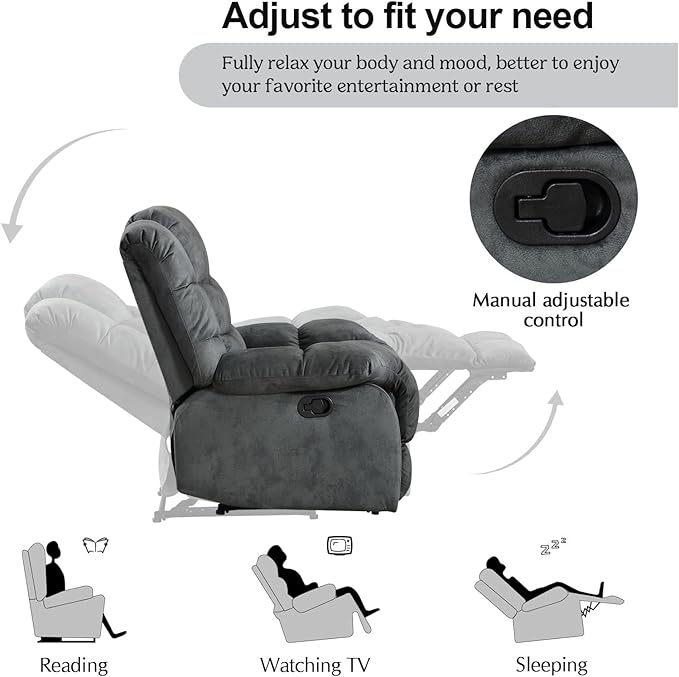 CANMOV Manual Reclining Sofa Set,2 Pieces Sofa Furniture Set for Living Room, Manual Recliner Chair and Recliner Loveseat with Arms for Living Room, Bedroom, Grey(1+2)