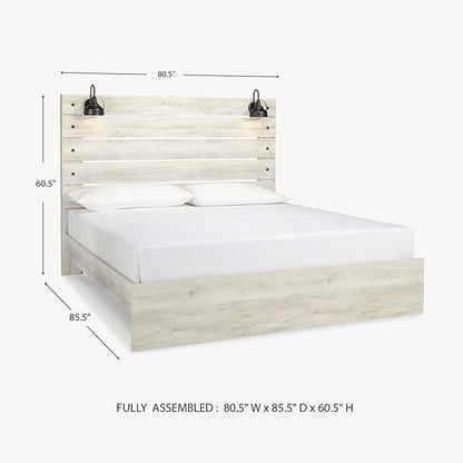 Signature Design by Ashley Cambeck Farmhouse King Panel Bed with Sconce Lights and USB Ports, Foundation or Box Spring Needed, Whitewash