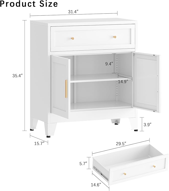 Metal Sideboard Cabinet, Buffet Storage Cabinet, Coffee Bar with Big Drawer and Adjustable Shelf for Kitchen, Dining Room, Living Room (White, 35.4" H-Sideboard)