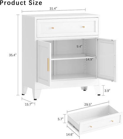 Metal Sideboard Cabinet, Buffet Storage Cabinet, Coffee Bar with Big Drawer and Adjustable Shelf for Kitchen, Dining Room, Living Room (White, 35.4" H-Sideboard)