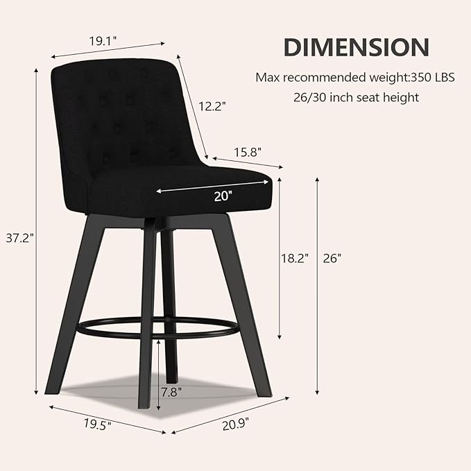MINCETA Bar Stools Set of 4, 26 Inch Upholstered Barstools with Low Tufted Back and Footrest, Swivel Counter Height Barstools for Kitchen Island Home Bar Performance Fabric Black