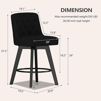 MINCETA Bar Stools Set of 4, 26 Inch Upholstered Barstools with Low Tufted Back and Footrest, Swivel Counter Height Barstools for Kitchen Island Home Bar Performance Fabric Black