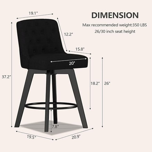 MINCETA Bar Stools Set of 2, 26 Inch Upholstered Barstools with Low Tufted Back and Footrest, Swivel Counter Height Barstools for Kitchen Island Home Bar Performance Fabric Black