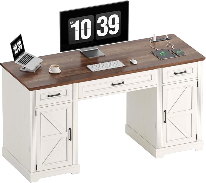 ONBRILL 59 inch Farmhouse Executive Desk with Drawers, Home Office Desk with File Cabinet, Outlets, Storage Cabinet, Keyboard Tray, Wood Computer Desk for Work Study Writing (Off White & Walnut)