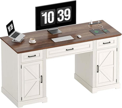 ONBRILL 59 inch Farmhouse Executive Desk with Drawers, Home Office Desk with File Cabinet, Outlets, Storage Cabinet, Keyboard Tray, Wood Computer Desk for Work Study Writing (Off White & Walnut)