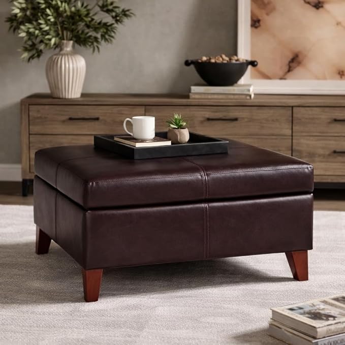 HomePop Faux Leather Square Storage Ottoman with Wood Legs, Distressed Brown