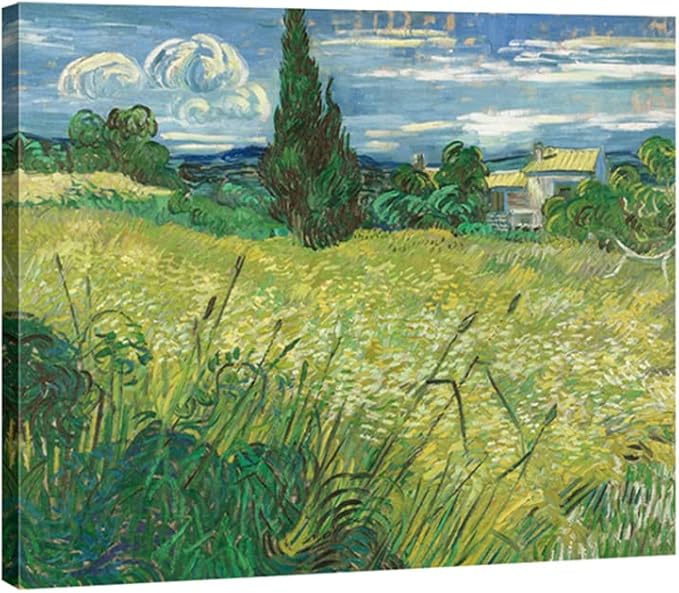 Wieco Art Modern Abstract Giclee Canvas Prints Wall Art Green Field 1889 by Van Gogh Famous Oil Paintings Reproduction Artwork Stretched and Framed Landscape Picture for KitchenDecoration
