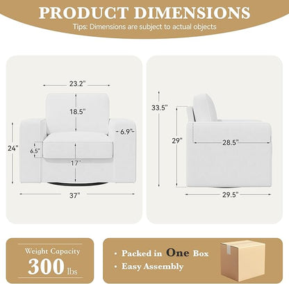 Swivel Accent Sofa Chair Set of 2, 360 Degree Rotation 36'' Width Oversized Thick Cusion Armchair Linen Fabric Single Padding Soft Living Room, Office White
