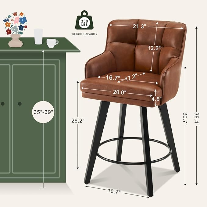360°Swivel Counter Height Bar Stools with Back, 26 inch Solid Wood Legs, Bar Stool Modern Kitchen Island Chairs, Faux Leather (Brown- Faux Leather, 26" H- Set of 1)