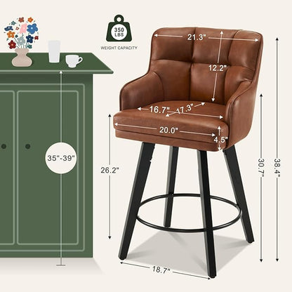 360°Swivel Counter Height Bar Stools with Back, 26 inch Solid Wood Legs, Bar Stool Modern Kitchen Island Chairs, Faux Leather (Brown- Faux Leather, 26" H- Set of 1)