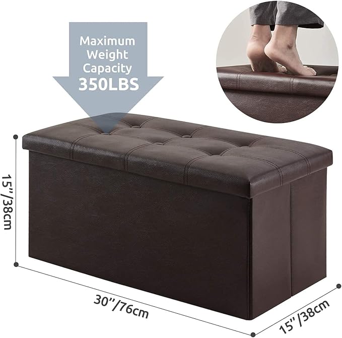 YOUDENOVA 30 inches Folding Storage Ottoman, 85L Storage Ottoman Bench for Living Bedroom and Hallway, Faux Leather Brown Footrest with Foam Padded Seat, Brown