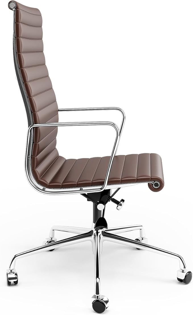 High Back Genuine Leather Ribbed Office Chair-Ergonomic Desk Chair with Aluminum Alloy Armrest & Frame, Swivel Silent Wheels & Tilt Function, Adjustable Height