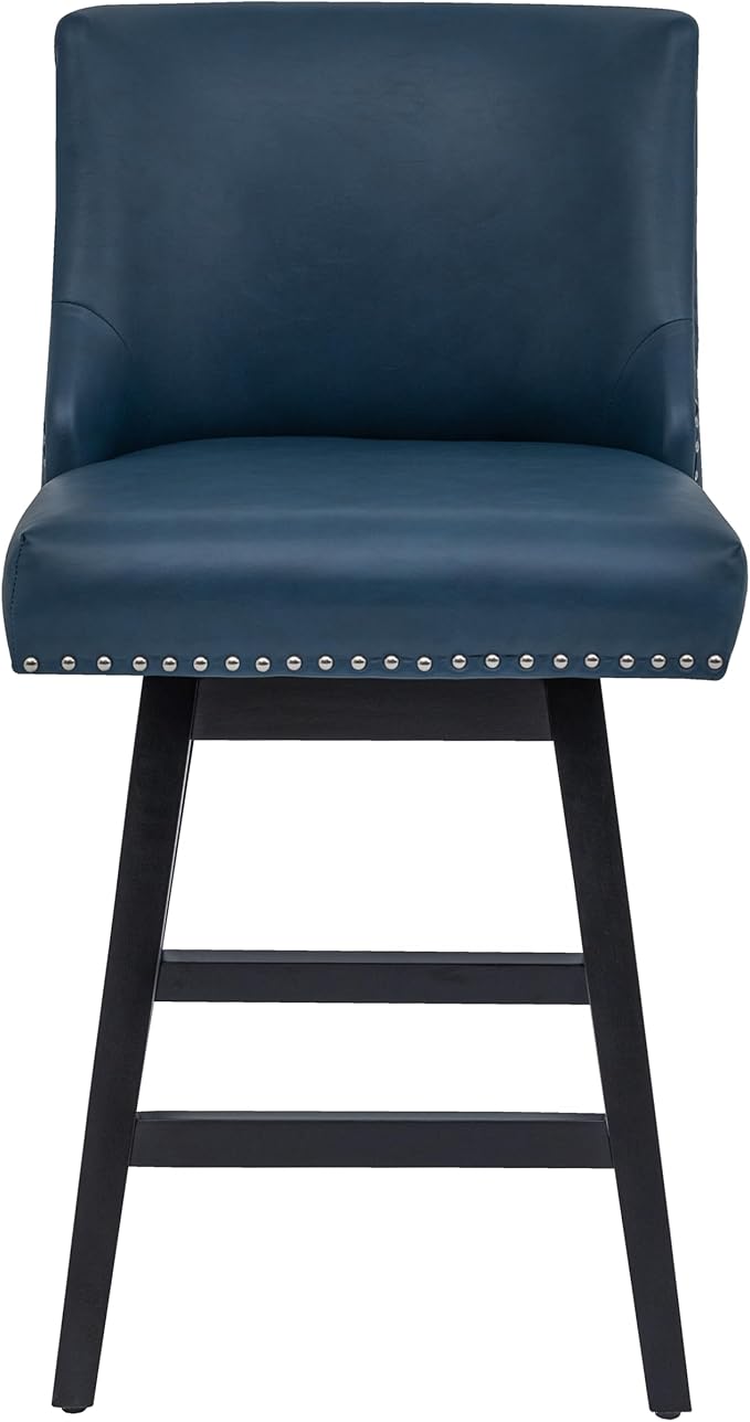 Bar Stools Set of 2, PU Leather Barstools, 26 Inch Upholstered Counter Stools with 13.8" High Back and Footrest, Swivel Counter Height Barstools for Kitchen Island Home Bar Navy Blue