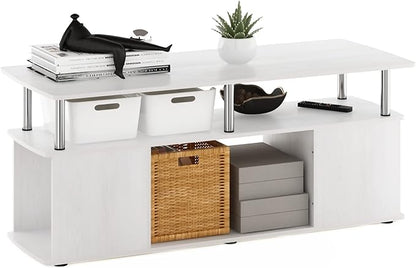 Furinno Jaya Coffee Table, Rectangle Modern Coffee Table with Open Shelf, Side Table with Side Storage, for Living Room, Bedroom, Home Office, White Oak/Stainless Steel