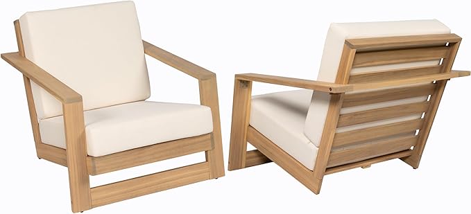 Christopher Knight Home Galio Set of 2 Acacia Wood Lounge Chair Outdoor, Wooden Patio Armchair for Lounging, Patio Furniture Single Sofa Chair Set, Comfy Reading Chair with Cushion, Light Teak+Beige