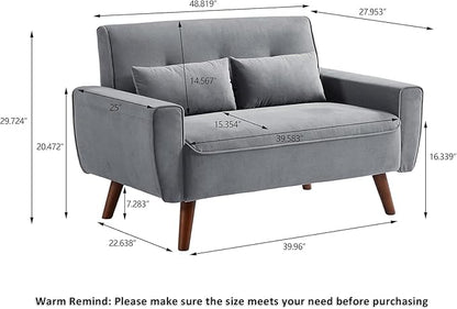48" Small Loveseat Sofa, Mid Century Modern Love Seat with Back Cushions and Plastic Legs, 2 Seater Couches for Living Room, Bedroom, Small Spaces, Light Grey