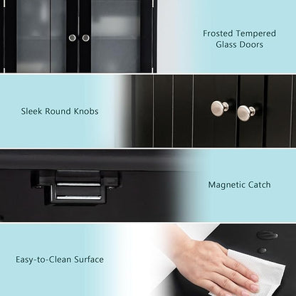 COSTWAY Bathroom Storage Cabinet, Wooden Linen Storage Organizer Cupboard with Doors & Adjustable Shelf, Freestanding Floor Cabinet for Living Room, Kitchen, Entryway, Office (Black)