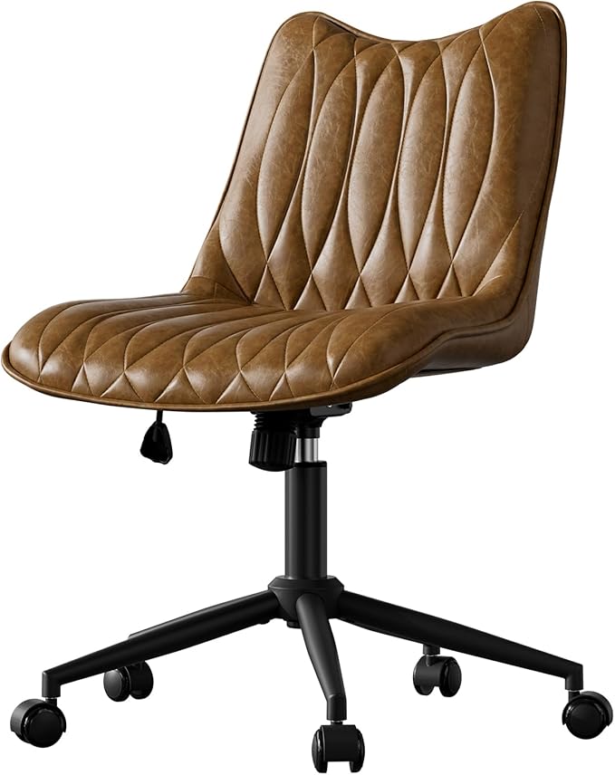 Armless Desk Chair, Armless Office Chair with Wheels, Small Desk Chair No Arms for Home Office, Swivel Vantiy Chair with Backs for Bedroom, Rolling Task Chair for Small Space, Brown