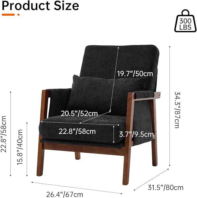 Accent Chair Mid-Century Modern with Lumbar Support Pillow, Upholstered Living Room Chairs with Wooden, Chenille Armchair with Cushion, Anthropologie Side Chair for Bedroom, Black