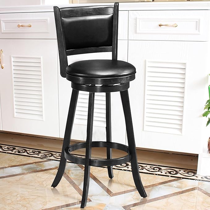 COSTWAY Bar Stools Set of 2, 360 Degree Swivel, Accent Wooden Swivel Back Bar Height Bar Stool, Fabric Upholstered Design, PVC Cushioned Seat (2 stools, Black 29'' Height)