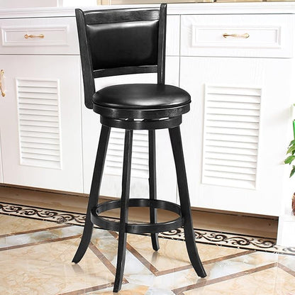 COSTWAY Bar Stools Set of 2, 360 Degree Swivel, Accent Wooden Swivel Back Bar Height Bar Stool, Fabric Upholstered Design, PVC Cushioned Seat (2 stools, Black 29'' Height)