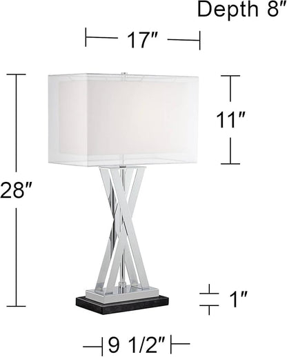 Possini Euro Design Proxima Modern Table Lamp with Black Marble Riser 28" Tall Chrome Silver Metal Double Rectangular Shades Decor for Bedroom Living Room Nightstand Bedside Office Kids Room