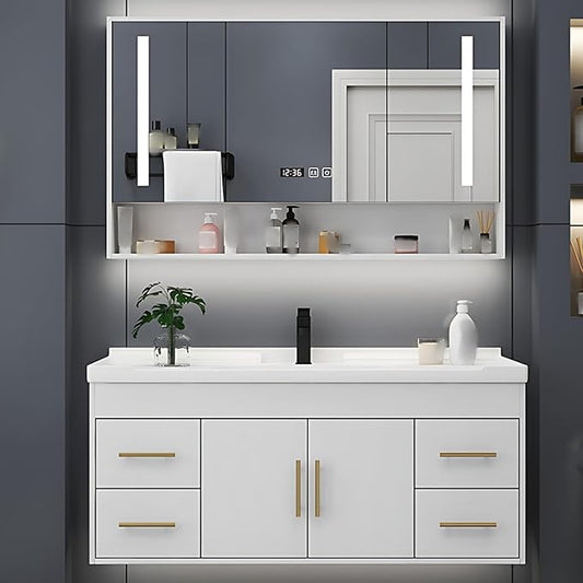 48IN Modern Bathroom Vanity - LED Intelligent Mirror Cabinet Includes Time Display & Defogging | Bathroom Cabinet with Sink & Open Storage Compartments, Ceramic Washbasin, 4 Drawers (Style A)