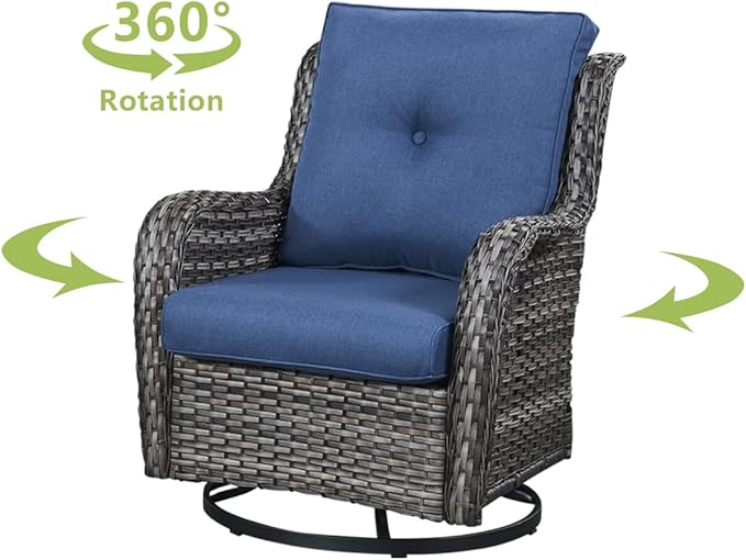 HUMMUH Outdoor Swivel Rocker Wicker Patio Chairs High Back PE Rattan Glider Chairs 4PCS Patio Furniture Set(Grey,Blue)