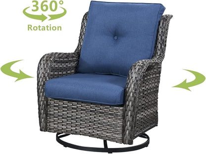 HUMMUH Outdoor Swivel Rocker Wicker Patio Chairs High Back PE Rattan Glider Chairs 4PCS Patio Furniture Set(Grey,Blue)
