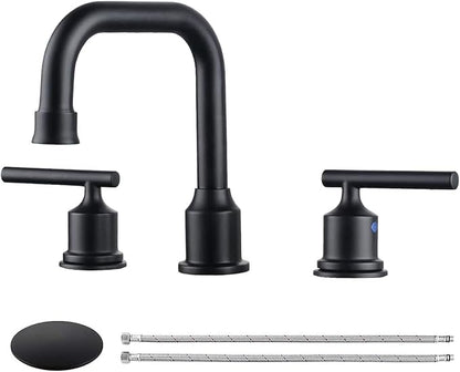 WOWOW Two Handles Widespread 8 inch Bathroom Faucet Black 3 Pieces Basin Faucets 360 Degree Swivel Spout Lavatory Sink Faucet