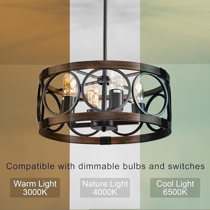 Light Fixture Ceiling Mount Kitchen 4 Light Semi Flush Mount Ceiling Light Fixture Black Rustic Farmhouse Chandelier for Dining Room Light Fixture with Adjustable Height