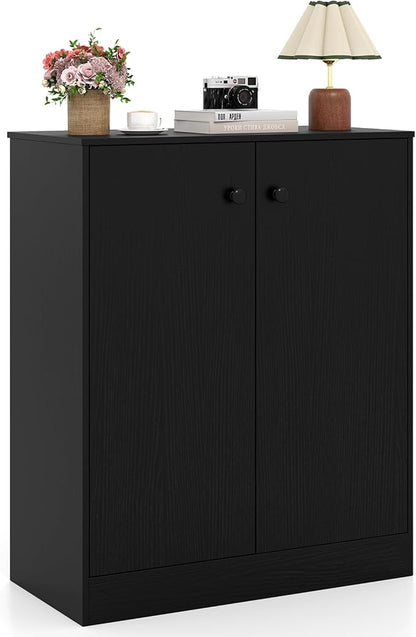 GOFLAME Floor Storage Cabinet with 2 Doors, Freestanding Accent Storage Cabinet Organizer with 3-Tier Inner Shelves, Modern Sideboard Buffet Cabinet for Kitchen, Living Room, Entryway, Black