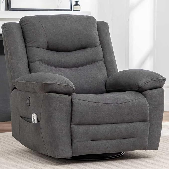 Power Swivel Rocker Recliner with Massage and Heat, USB Port, Infinite Position, Oversized Electric Glider Rocking Chairs Living Room, Soft Fabric Reclining Sofa Chair (Dark Grey Fabric)