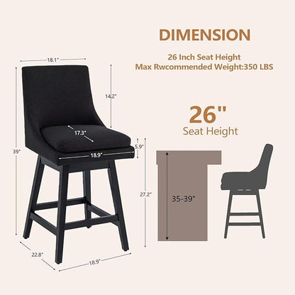 Bar Stools Set of 2, 26 Inch Upholstered Barstools with 14.2" High Back and Footrest, Swivel Counter Height Barstools for Kitchen Island Home Bar Performance Fabric Black