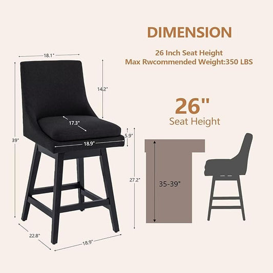 Bar Stool, 26 Inch Upholstered Barstools with 14.2" High Back and Footrest, Swivel Counter Height Barstools for Kitchen Island Home Bar Performance Fabric Black