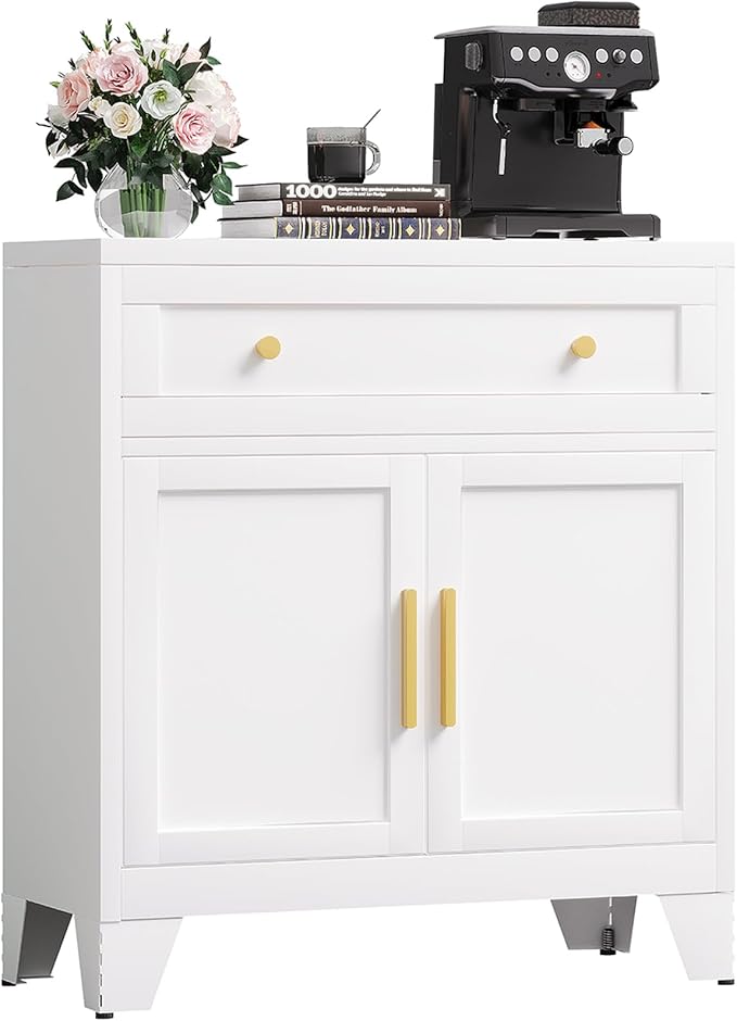 Metal Sideboard Cabinet with Big Drawers,Farmhouse Coffee Bar with One Adjustable Shelves,Buffet Cabinet,Metal Storage Cabient for Kitchen, Dining Room, Entryway, White
