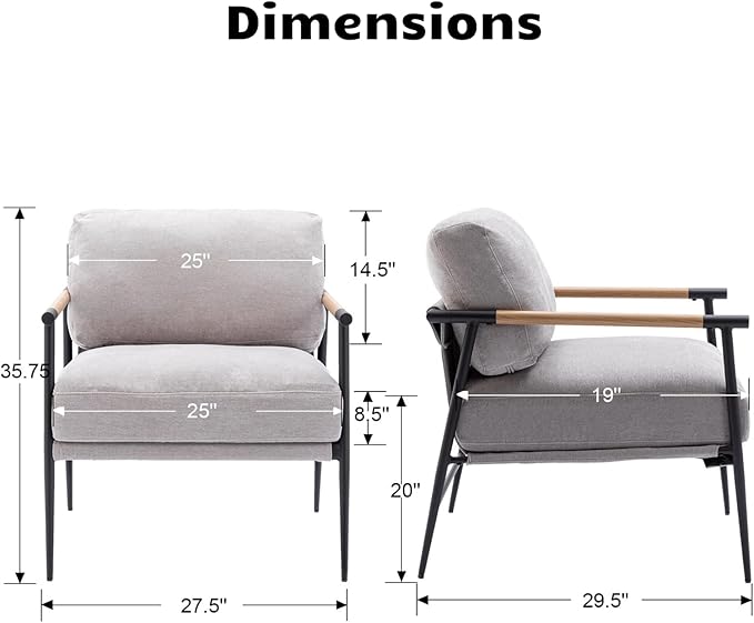HEAH-YO Modern Accent Chair Set of 1, Upholstered Chenille Living Room Chair with Backrests, Comfy Reading Armchair for Bedroom, Gray