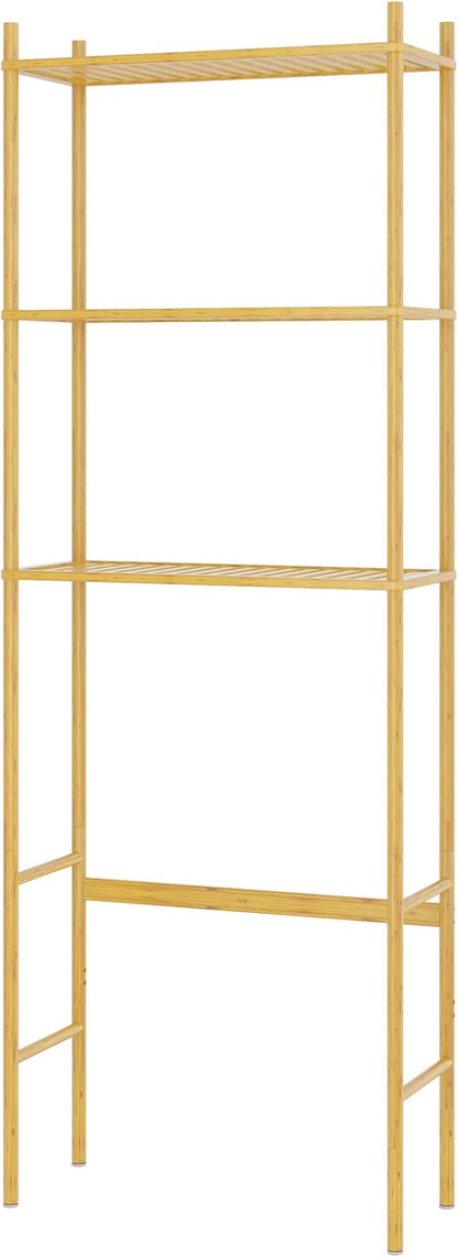 3 Tier Over The Toilet Organizer Rack Bamboo, Freestanding Bathroom Toilet Storage Shelf, Space Saving and Easy to Install, Adjustable Feet, Adjustable Bottom Rod