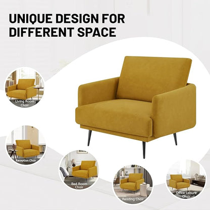 Oversized Accent Chair for Living Room Chairs Reading Arm Chair Comfy Modern Single Sofa Side Chairs with Metal Legs & Soft Cushion for Bedroom, Waiting Room (Velvet Yellow, Set of 1)
