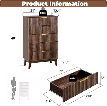 Modern Fluted 5 Drawer Tall Dresser, 48" H, Walnut, Curved Profile Design, Mid Century Wood Chest of Drawers for Bedroom, Living Room, Hallway