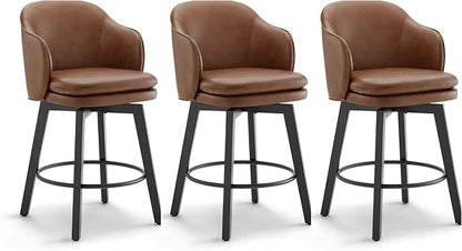 Counter Height Barstools 26 inch Upholstered Swivel Bar Stools with Back and Wood Legs for Kitchen Island,Set of 3,Brown PU Leather